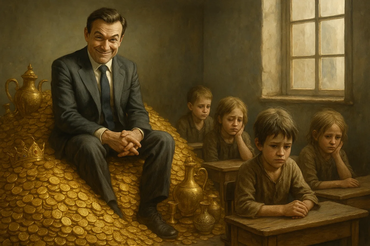 Ein Mann sitzt auf einem Goldschatz und gibt den armen Schulkindern nichts ab.