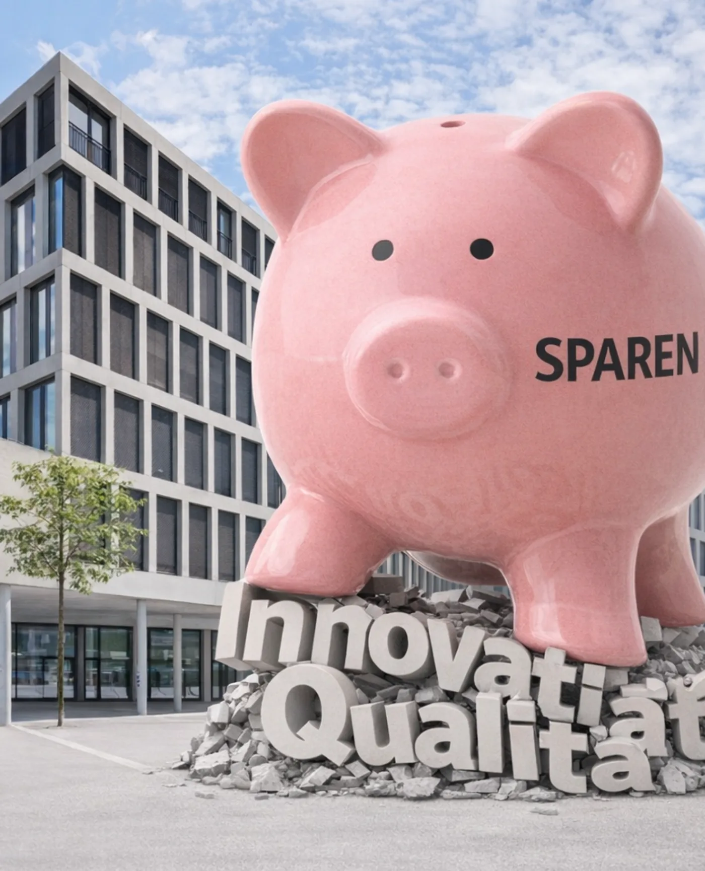 KI generiertes Bild, welches ein Sparschwein zeigt, das neben der PH FHNW in Brugg-Windisch steht und die Begriffe Qualität und Innovation zerstört.