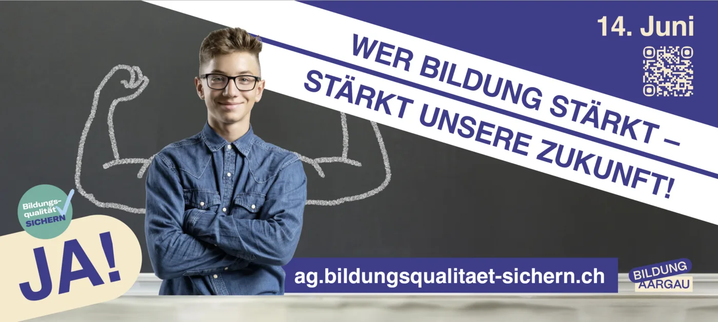 Das Bild zeigt einen Knaben, der durch die Bildungsinitiative gestärkt wird. Das Bild ruft dazu auf, am 14. Juni Ja zur Bildungsinitiative zu stimmen.