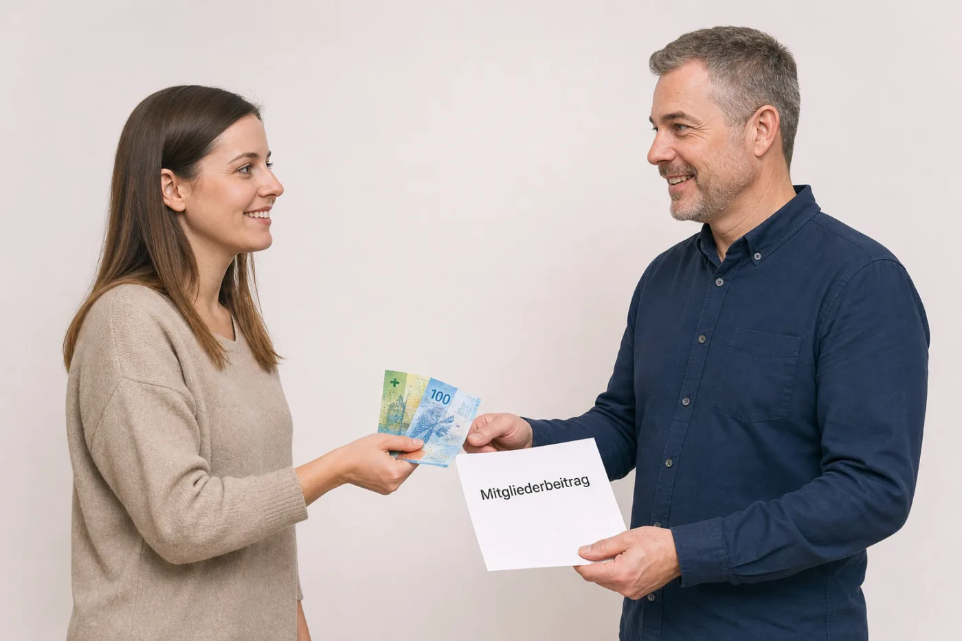 Eine Frau bezahlt einem Mann einen Mitgliederbeitrag. (KI-generiert)