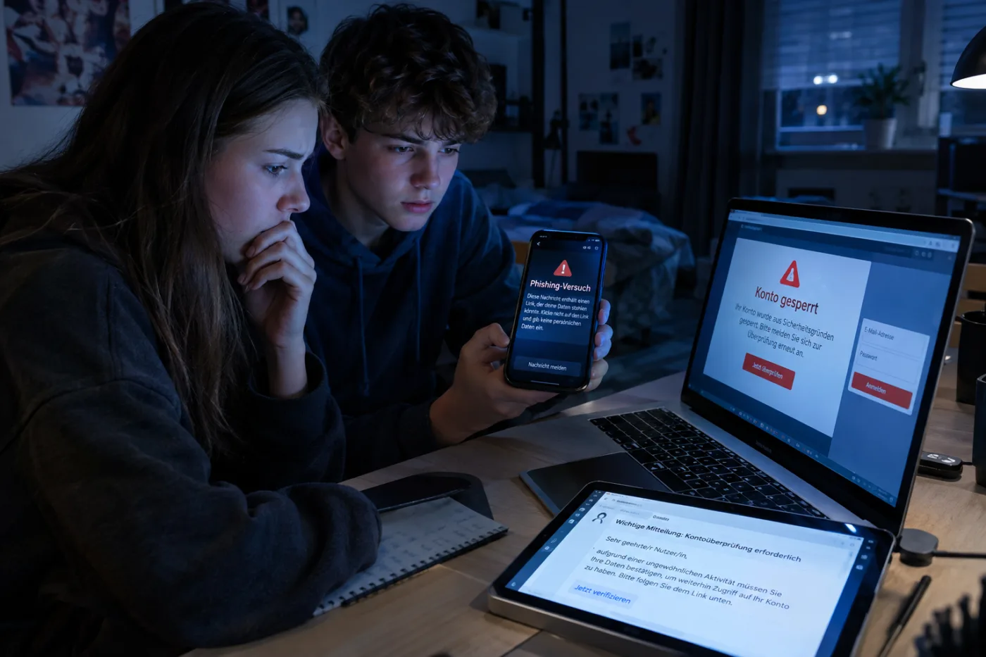 Das Bild zeigt ein jugendliches Mädchen und einen jugendlichen Knaben. Sie schauen in eine Computer. Dort wird angezeigt, dass das Konto gesperrt wurde.