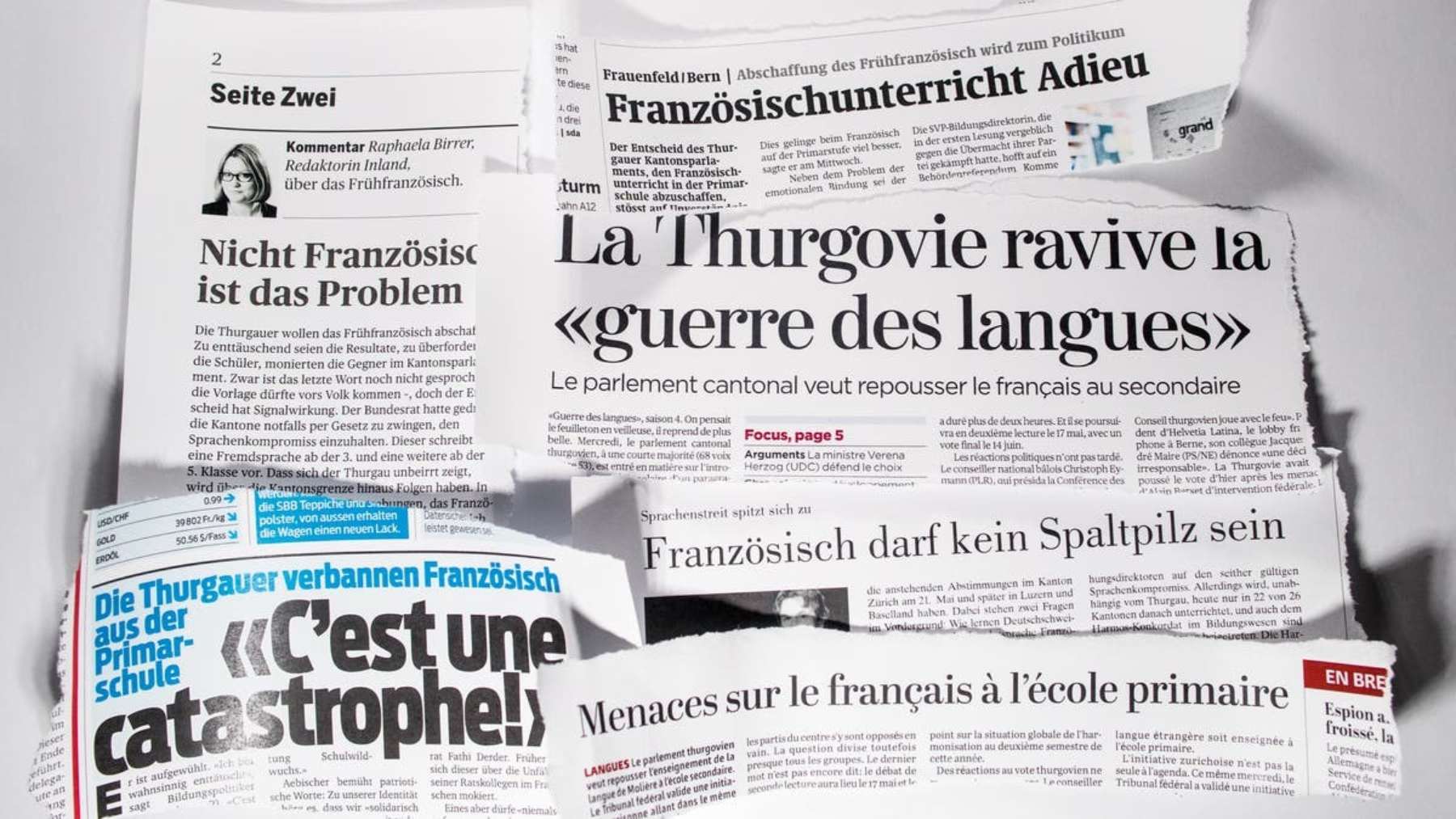 Das Bild zeigt verschiedene Zeitungsausschnitte zum Frühfranzösisch.