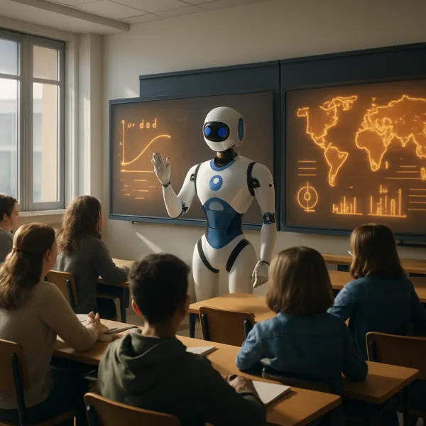 Das Bild zeigt eine Schulklasse, die von einem Roboter unterrichtet wird.