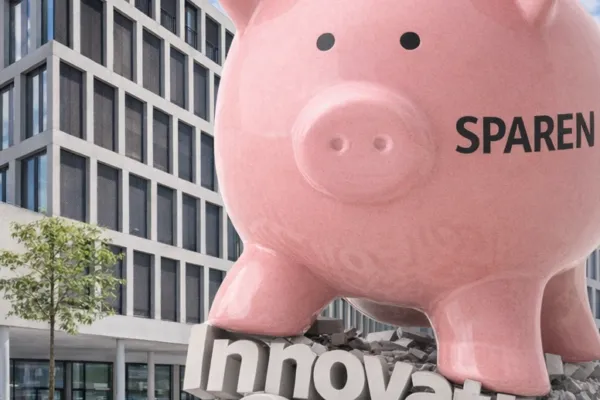 KI generiertes Bild, welches ein Sparschwein zeigt, das neben der PH FHNW in Brugg-Windisch steht und die Begriffe Qualität und Innovation zerstört.